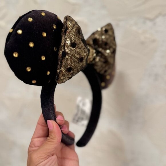 Disney Parks Black Jeweled Studded Gold Minnie Mouse Plush Ear Headband - Picture 4 of 7